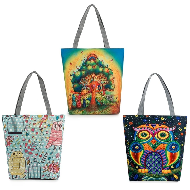 

THINKTHENDO New Fashion Casual Large Bags Travel Owl Shopping School Folding Bags for Women Canvas Tote Shoulder Handbag
