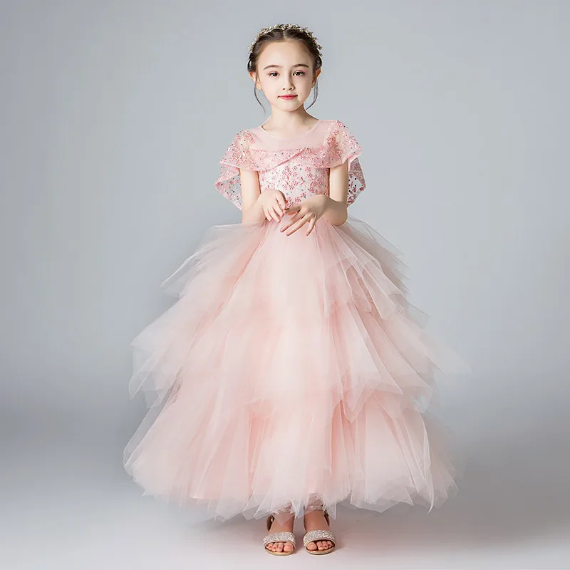 

2019Kids Girls Exquisite Pink/WhiteTutu Birthday Wedding Party Dress Teens Children Model Show Evening Clothing Dress For 3-14Y