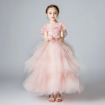 

2019Kids Girls Exquisite Pink/WhiteTutu Birthday Wedding Party Dress Teens Children Model Show Evening Clothing Dress For 3-14Y