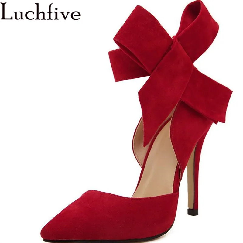 

Luchfive Spring Summer Bowknot Stiletto Heel Shoes Woman Sexy Point Toe Shallow mouth Side Empty Party Shoes High Heeled Pumps