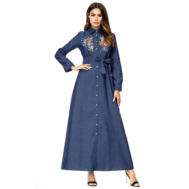 ShejoinSheenjoy Embroidery Denim Women Long Dress Turn-down Collar Long Sleeve Autumn Winter Dress Party Casual Ladies Dresses (5)