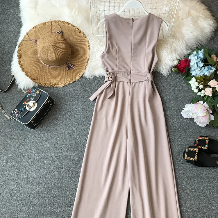 Sleeveless V-neck High Waist Sashes Wide Leg Jumpsuit