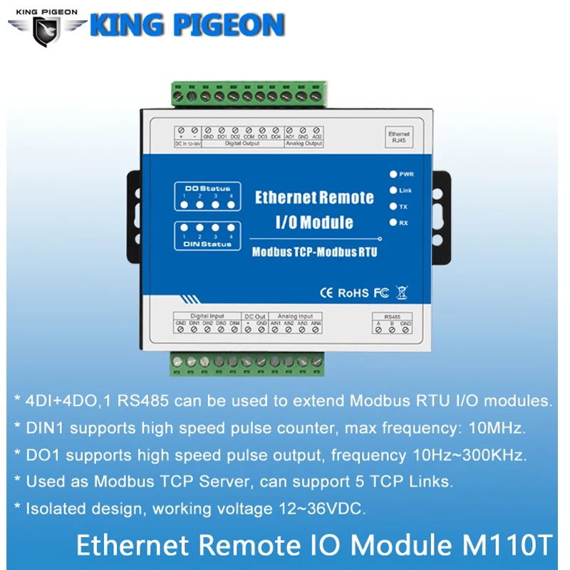 High speed Pulse Counter Modbus TCP IOT Ethernet Remote IO Module (4DI+4DO+RJ45+RS485) M110T