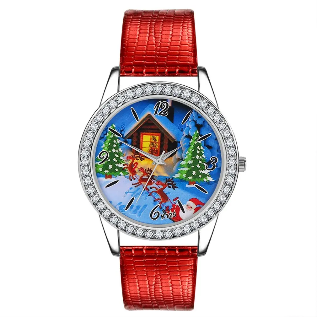 K125-X Рождество серии узор Мода обувь для девочек кварцевые часы Круглый циферблат из искусственной кожи ремень декор стразами повседневное
