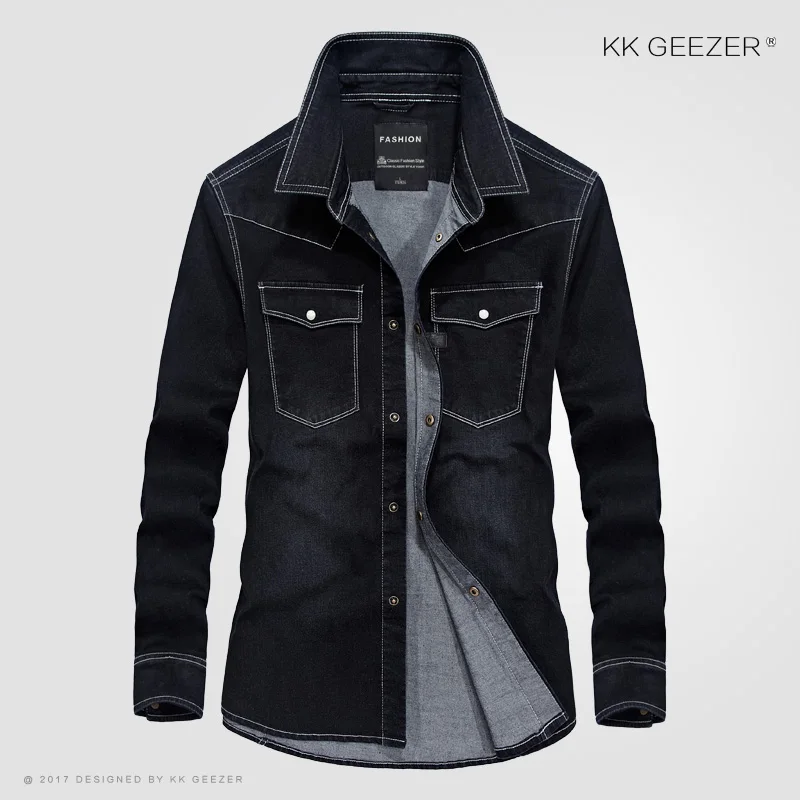 Черная джинсовая рубашка мужская с длинным рукавом Осенняя темно-синяя Повседневная рубашка в стиле милитари Высококачественная брендовая Свободная рубашка с воротником и карманом