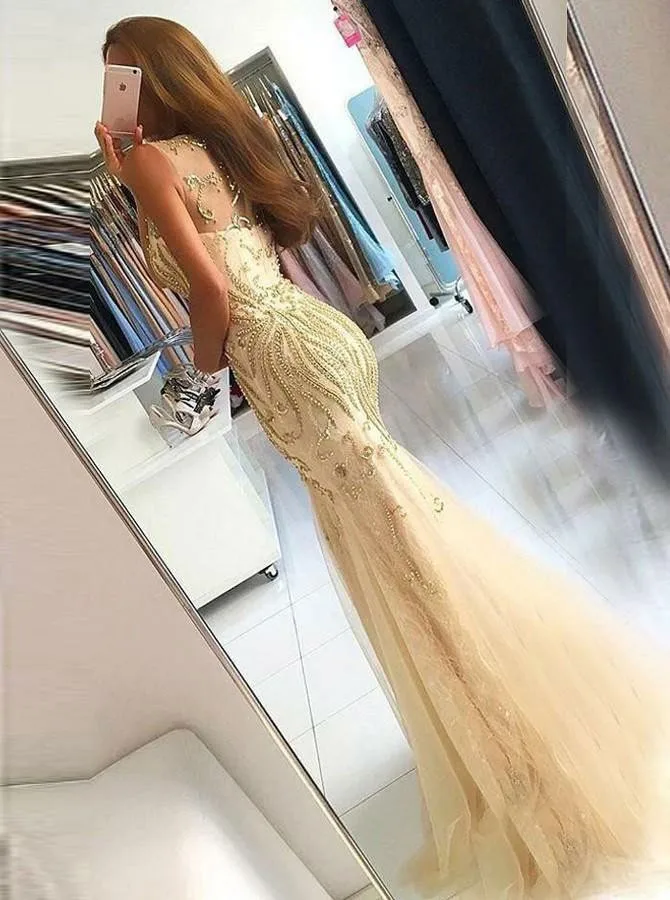 111New Beautiful Mermaid Prom Dresses Beaded Sleeveless Tulle Women Elegant Evening Party Dress