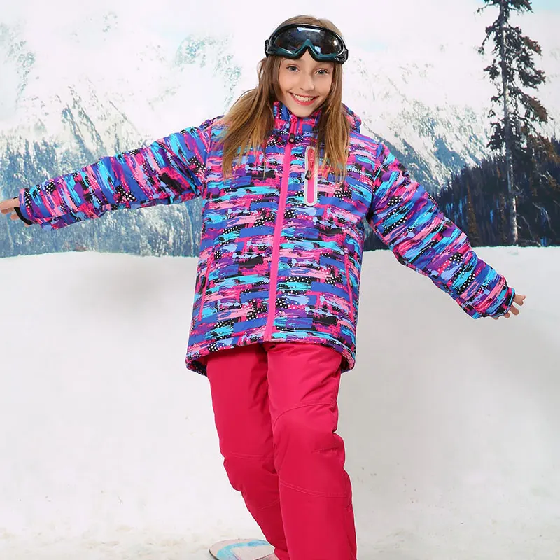 

Russian Winter Girls Clothing Set Outdoor Windproof Girl's Floral Ski Jacket+Bib Pants 2pcs Set Girls Ski Suit for 3-16 Years