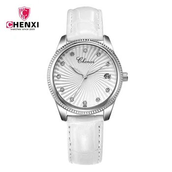 

CHENXI Fashion Elegant Women Casual Watches Rhinestone Wave Unique White Silver Leather Quartz Dress Business Female Wrsitwatch
