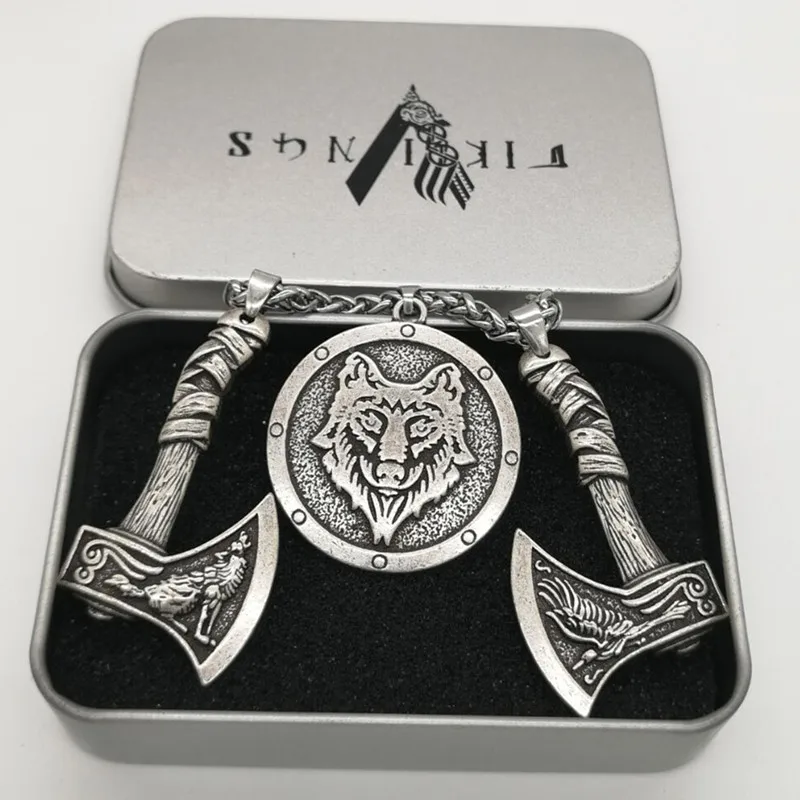 

Wolf Raven Axe Pendant with Wolf Head pendant necklace Men Pagan Viking Jewelry Drop Shipping