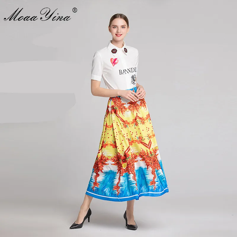 MoaaYina модный дизайнерский комплект летний женский с коротким рукавом с буквенным принтом элегантная рубашка Топы + цветочный-длинная юбка с