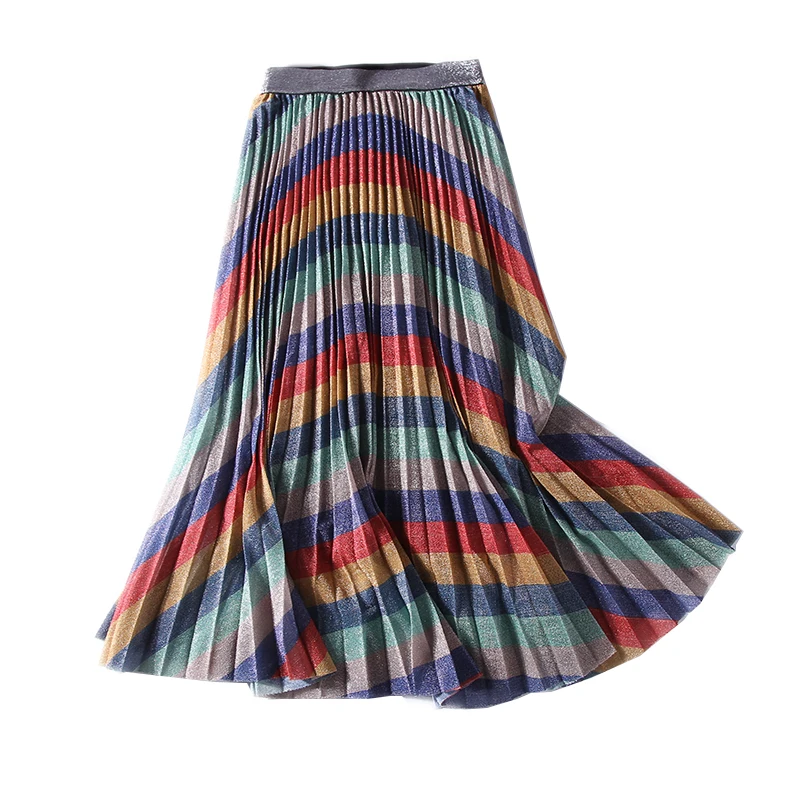 New Rainbow sequins printing with high absorption fine charming waist long fold joker bust skirt a7147 thin
