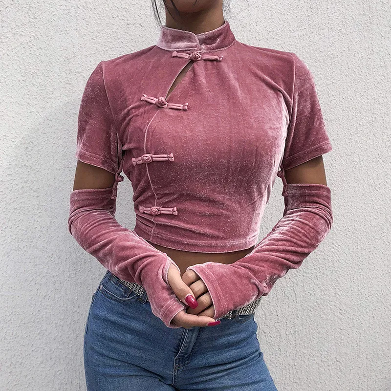 Hiawatha 2019 New Spring Sleeve Detachable Crop Tops Sexy Women Chinese Style Stand Collar T