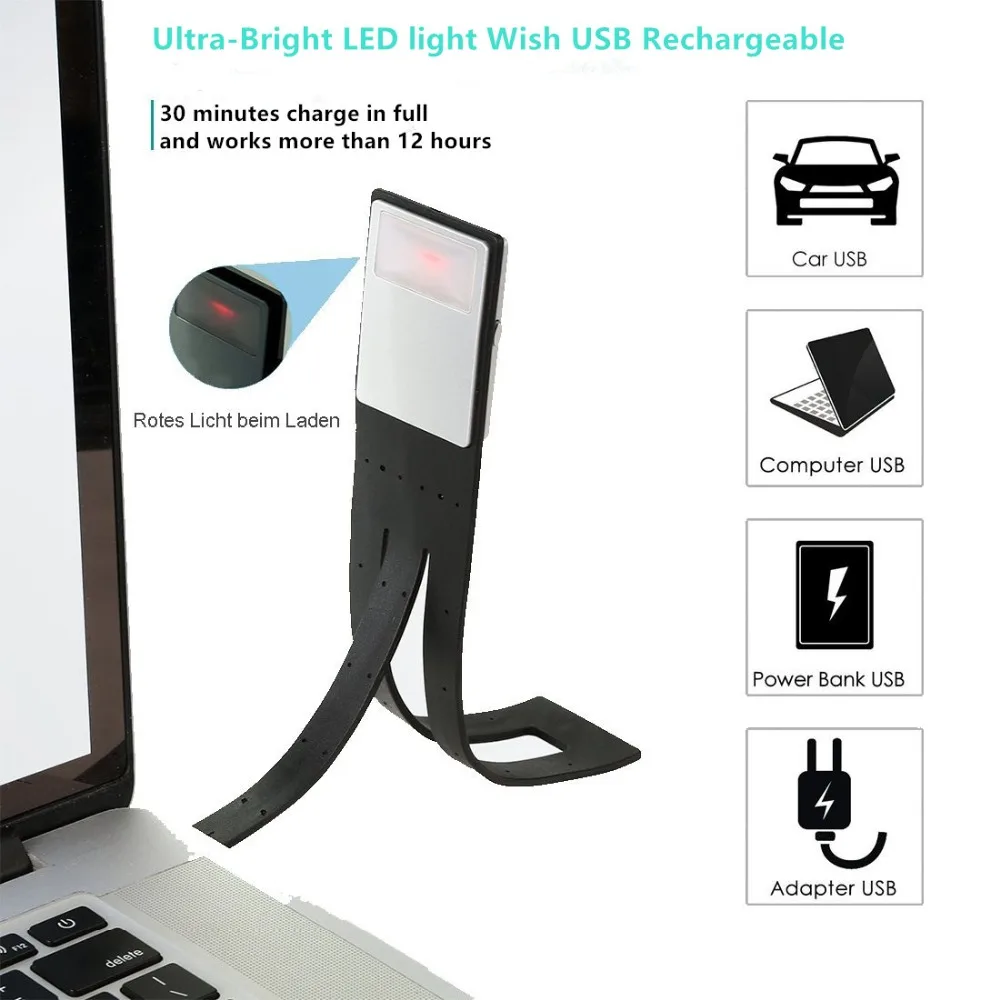 

JIWEI Portable LED Reading Book Light With Detachable Flexible Clip USB Rechargeable Lamp For Kindle/eBook Readers