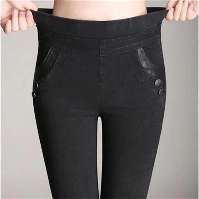 

Russia Women Elastic Jeans Spring Autumn High Waist Softener Denim Panelled Lady Casual Slim Black Buttons Big Size Pencil Pants