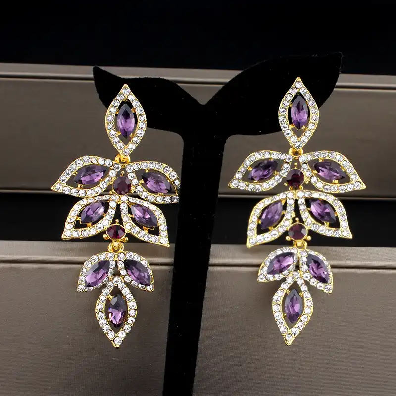 Purple Crystal Earrings For Women Wedding Jewelry Long Leaves Purple Crystal Earrings For Women
