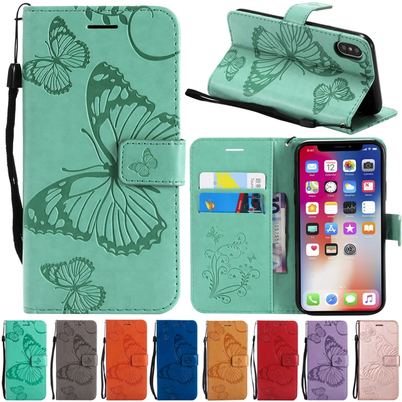 Kopen Vlinder Leather Case Voor iPhone X 6 6 s 7 8 Plus 5 5 s SE Flip Cover Voor iPhone 8 7 6 6 s Retro Stand Card Slot