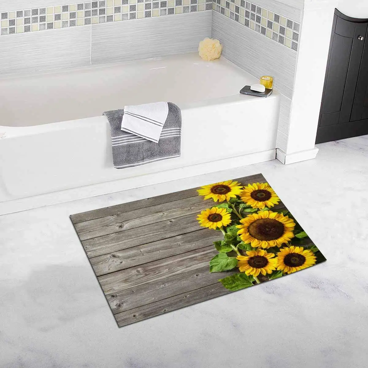 Autumn Sunflowers on Wood Floor Mat Bathroom Home Decoration Rugs for