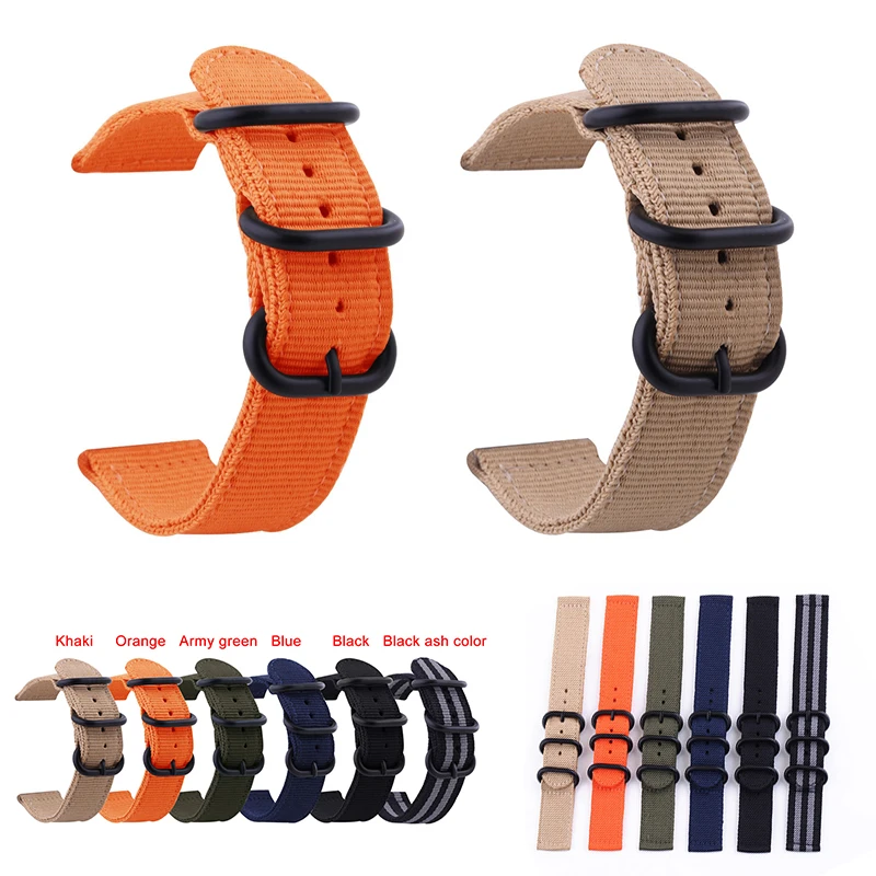 

NATO Watchband Nylon Strap Black Thick Ring Buckle 20 22 24 mm Striped Canvas Frosted Replacement Smart Watch Band Accessories