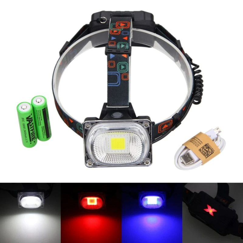 

VastFire 3 color WHITE RED BLUE HEADLAMP 1000LM 10W COB RGB LED Rechargeable 18650 Outdoor Headlight+USB CABLE+18650 BATTERY