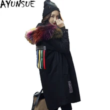 Зимняя куртка женская Новая натуральная Большая Меховая толстовка с воротником Женская Длинная Куртка утепленная женская стеганая куртка Abrigos Mujer ST547