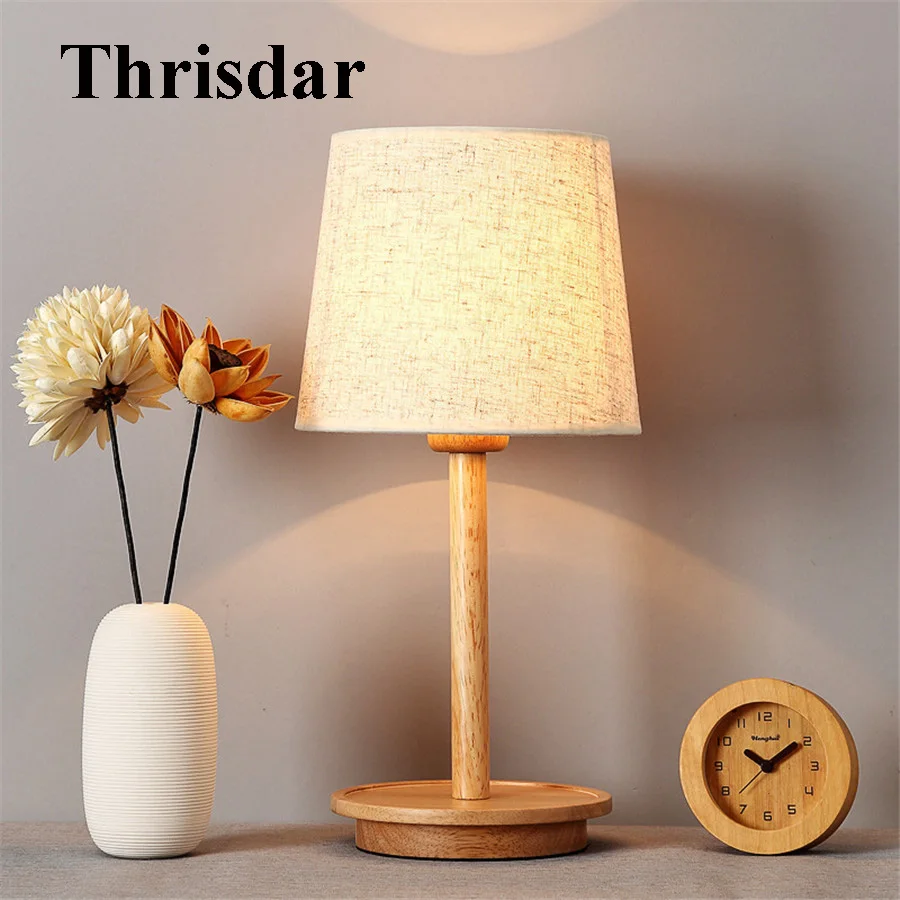 

Thrisdar E27 Nordic Wooden Table Lamp with Fabric Lampshade Bedroom Bedside Desk Light Living Room Study Reading Light Fixture