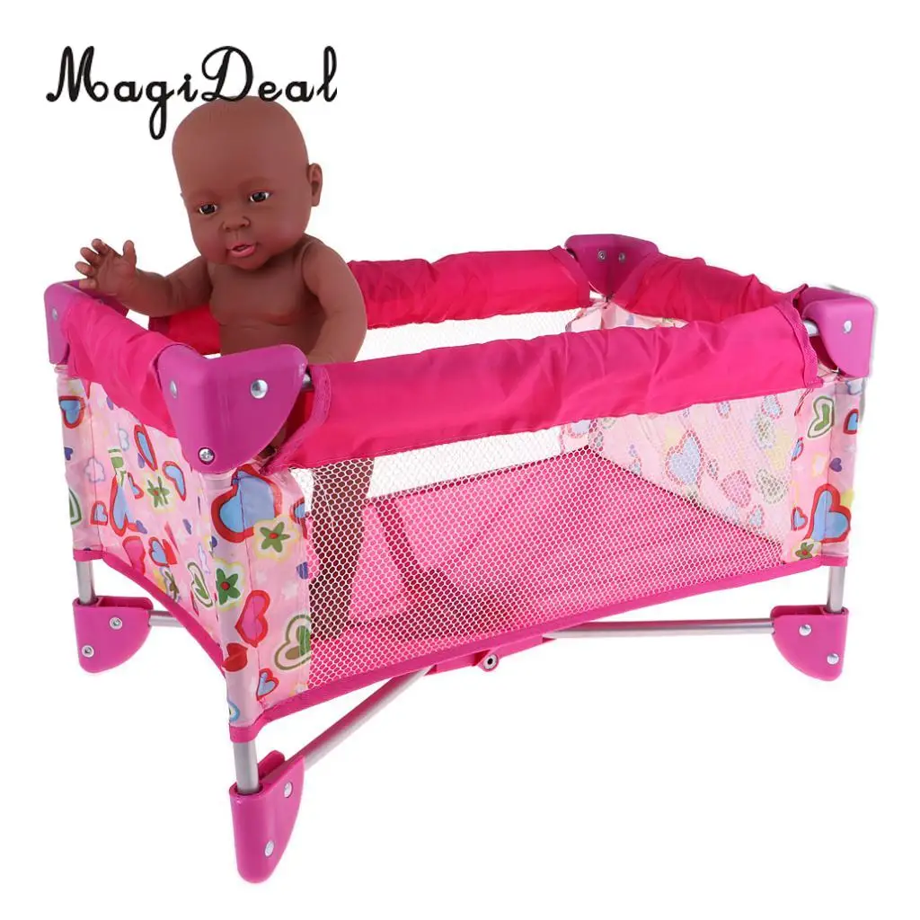 Simulation Baby Dolls Crib Bed with Carry Bag Kids Pretend Toys For Nursery Room Furniture Decoration Pink