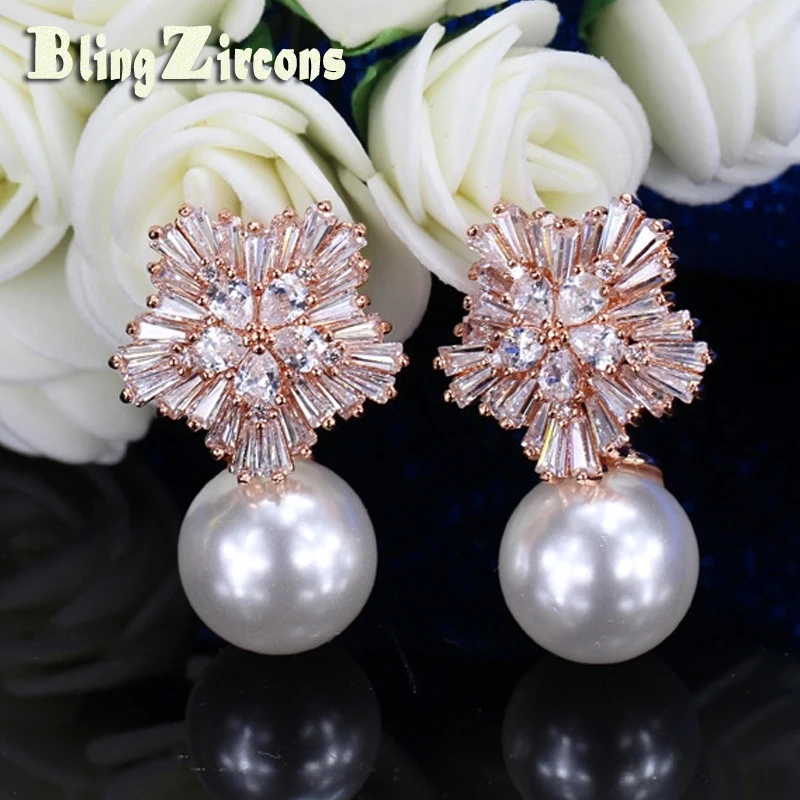 BlingZircons Famous Brand Women Luxury Big Pearl Stud