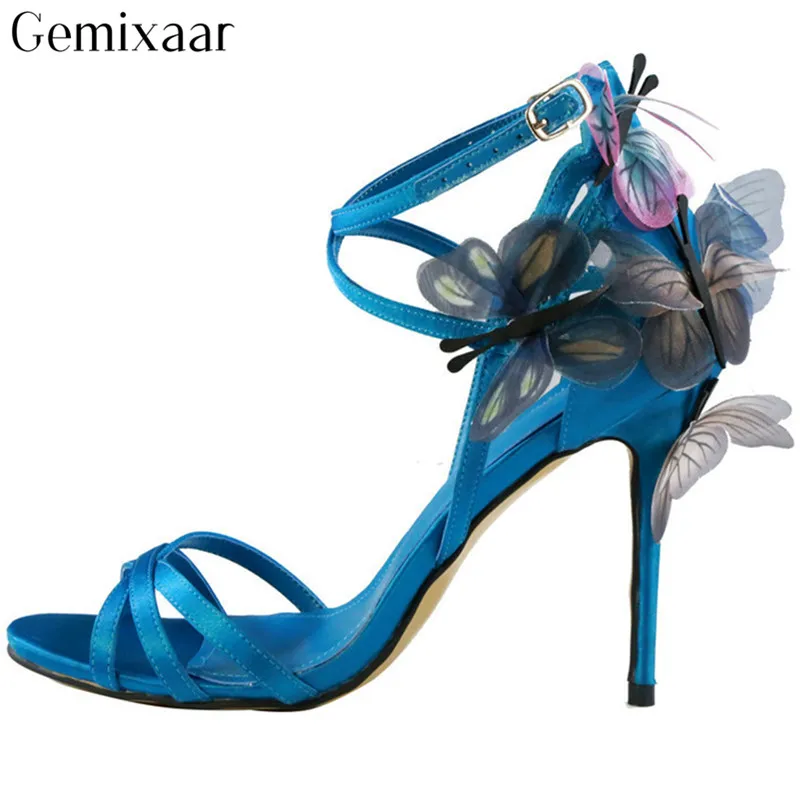 

Novelty Cross Narrow Strap Decor Butterfly Women Shoes Peep Toe Slim Shallow Sandalias Sweet Studded Colorful Butterfly Sandals