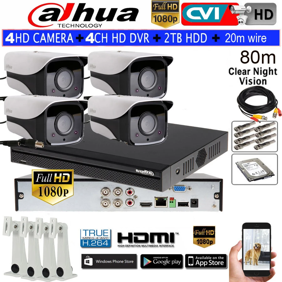 DAHUA 1080P IR80M Security CVI camera HAC HFW2208M I2 bullet HDCVI 4CH HCVR5104HS S3 Newest kit HDD с проводом 20m|hdd kit|hdd camerahdd 1 |