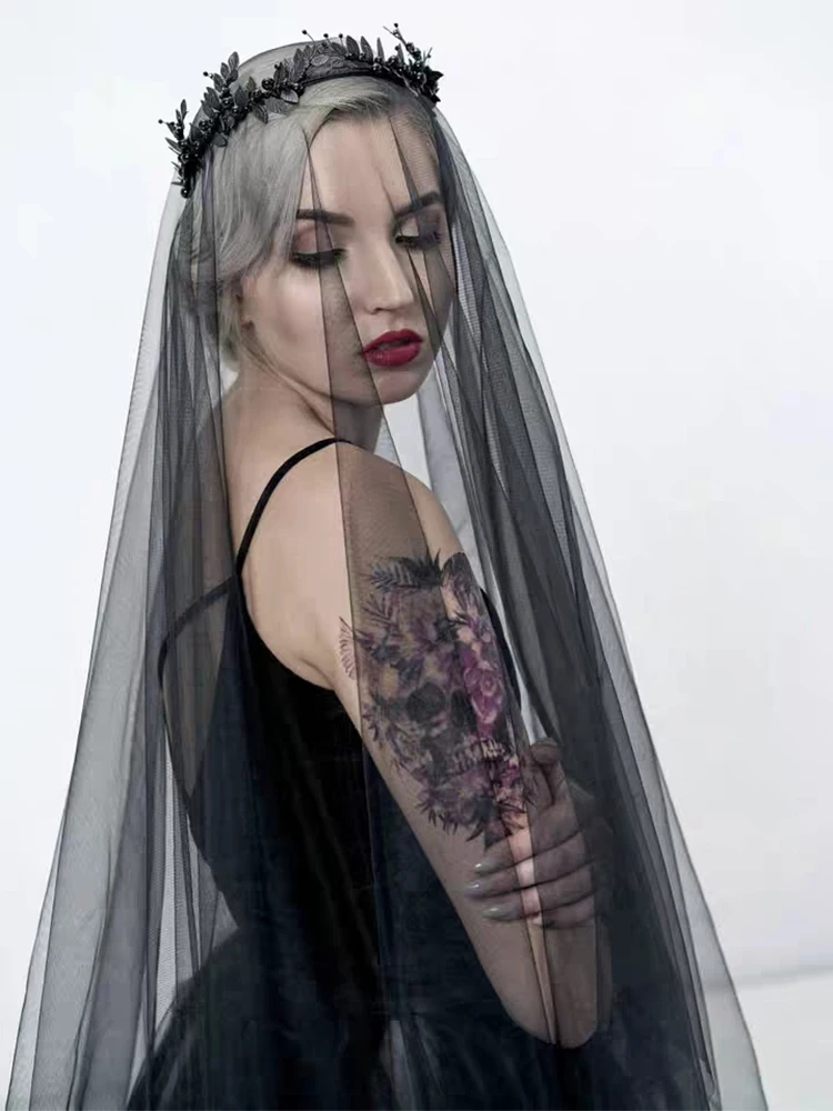 5 Meters Wedding Picture Party Bridal Extra Long 5M Gothic Black Soft Mesh Tulle Lace Veil Women Bride Goth Veils Without Comb