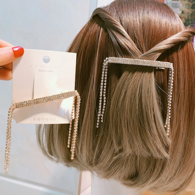 

Fashion Personality Woman Hair Accessories High Quality Shiny Rhinestone Tassel Hair Clip Barrette Solid Color Brooch Hairgrips