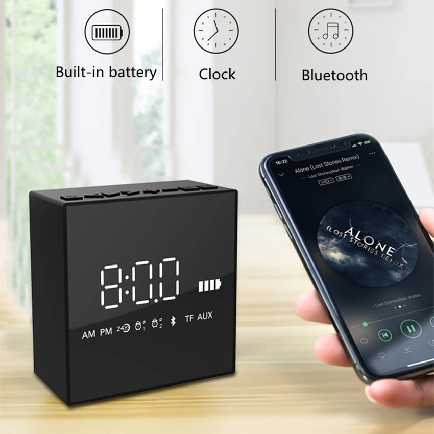

Wireless electronic led alarm clock bluetooth speaker Portable mirror digital clock with subwoofer built-in battery table clock