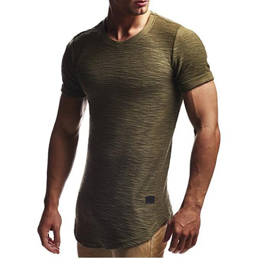 Мужская Стильная удлиненная футболка с коротким рукавом, Мужская футболка с изогнутым подолом, жаккардовая облегающая уличная летняя футболка, топы для мужчин