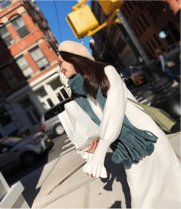 

Fashion Women Warm Knitted Dress Autumn Winter Long Sleeve Ruffle Dress Casual Elegant Solid Midi Dresses
