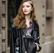 2016 autumn new models in Europe and America loose graffiti letters black lapel thin section PU leather motorcycle jacket