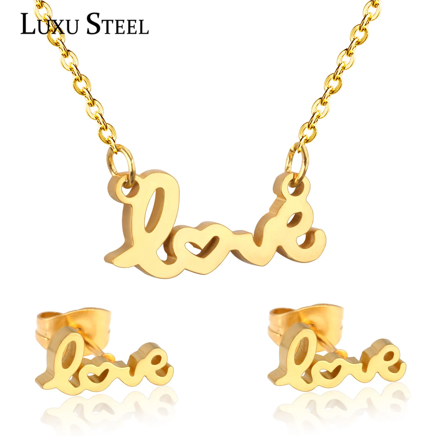 

LUXUSTEEL Stainless Steel Sets Gold/Silver Color Letter Note Pendants & Necklace Earring For Women Jewellery Brinco
