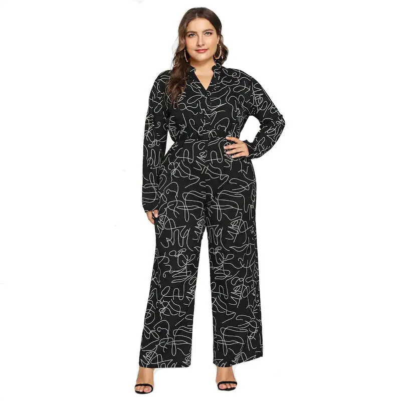 2019 الربيع الصيف المرأة زائد حجم 4XL حللا الأوروبية نمط حامل طوق Playsuits سليم طباعة أكمام طويلة للسيدات داخلية