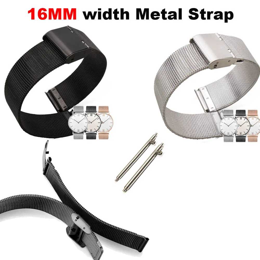 

16mm Watch Band Men Women Stainless Steel Metal Wrist Belt Strap Black Silver Gold Watchband 16mm Replace Correa Accessories