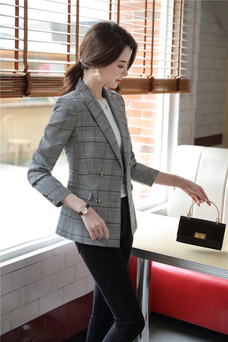 Formal Fashion Plaid Long Sleeve Women Blazers and Jackets Coat Double Breasted OL Styles Ladies Office Tops Outwear Blaser