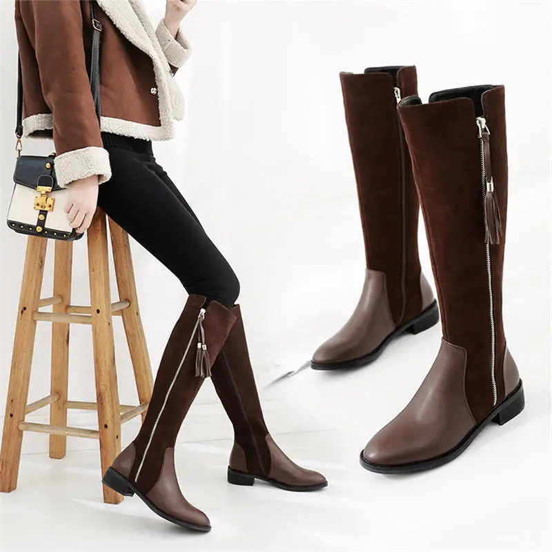 HZXINLIVE 2018 New Woman Boots Genuine Leather Knee High Boots Pointed Toe Womens Winter Boots Square heel Leather Shoes Women Women's Shoes