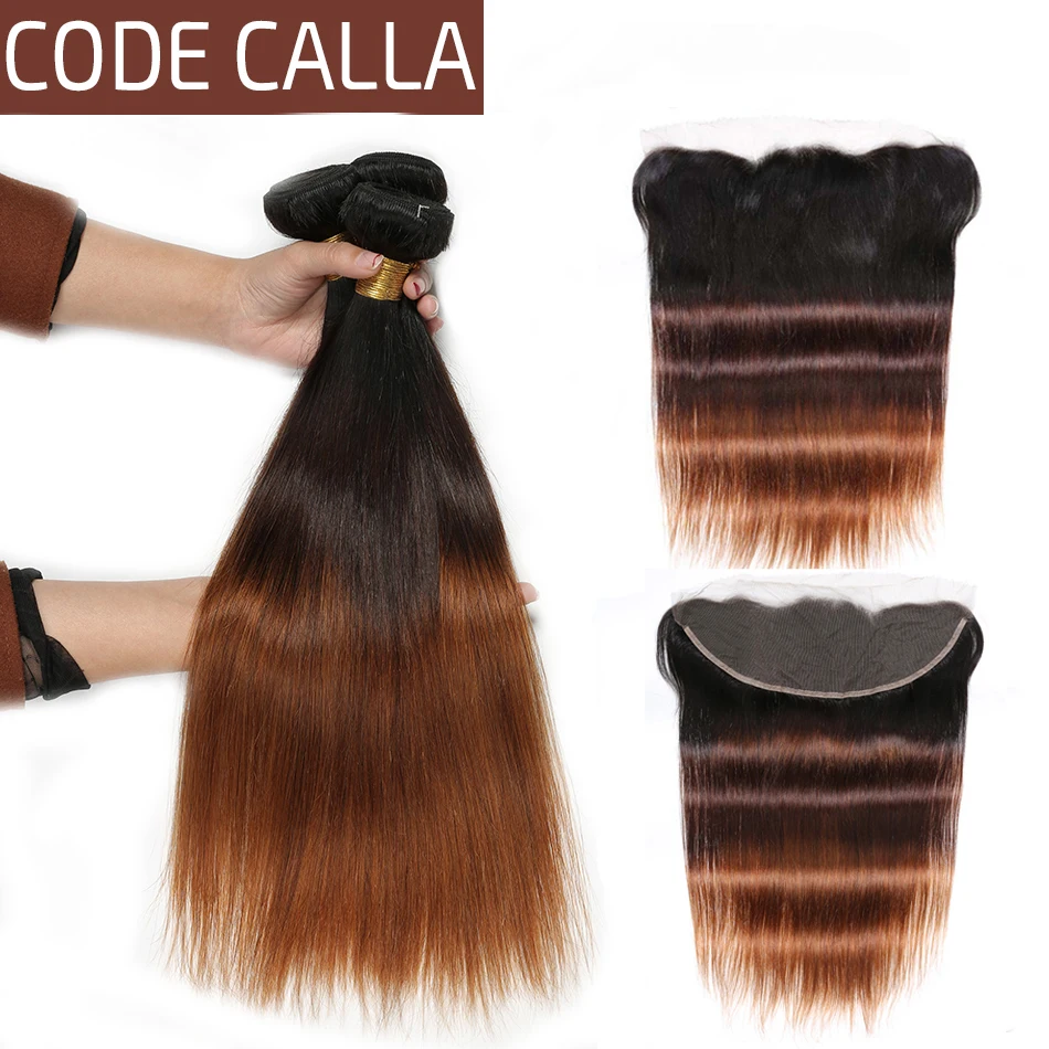 

Code Calla Brown Straight Human Hair Bundles With 13*4 Lace Frontal Indian Raw Virgin 100% Human Hair Wave Extension Ombre Color