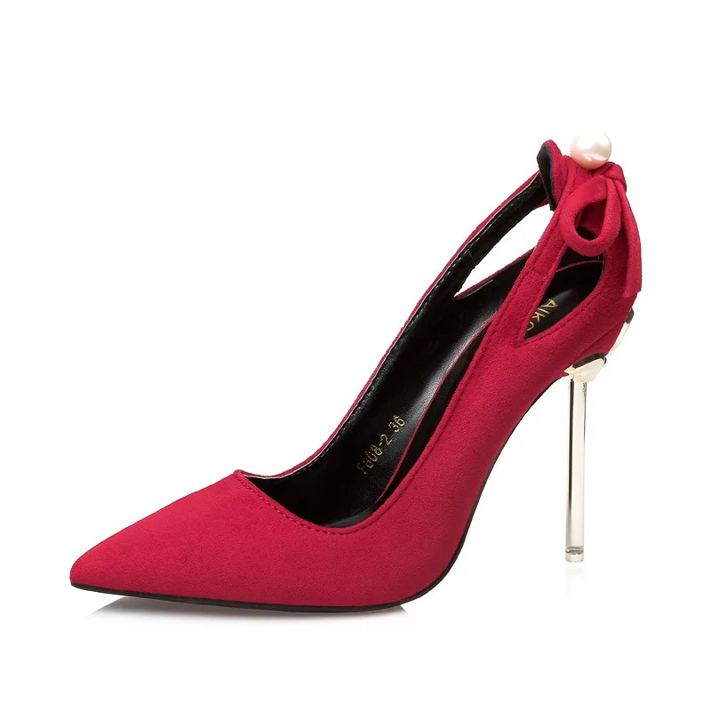 

2019 spring and autumn pointed openwork bow suede high heel stiletto bow suede women's shoes red 0510