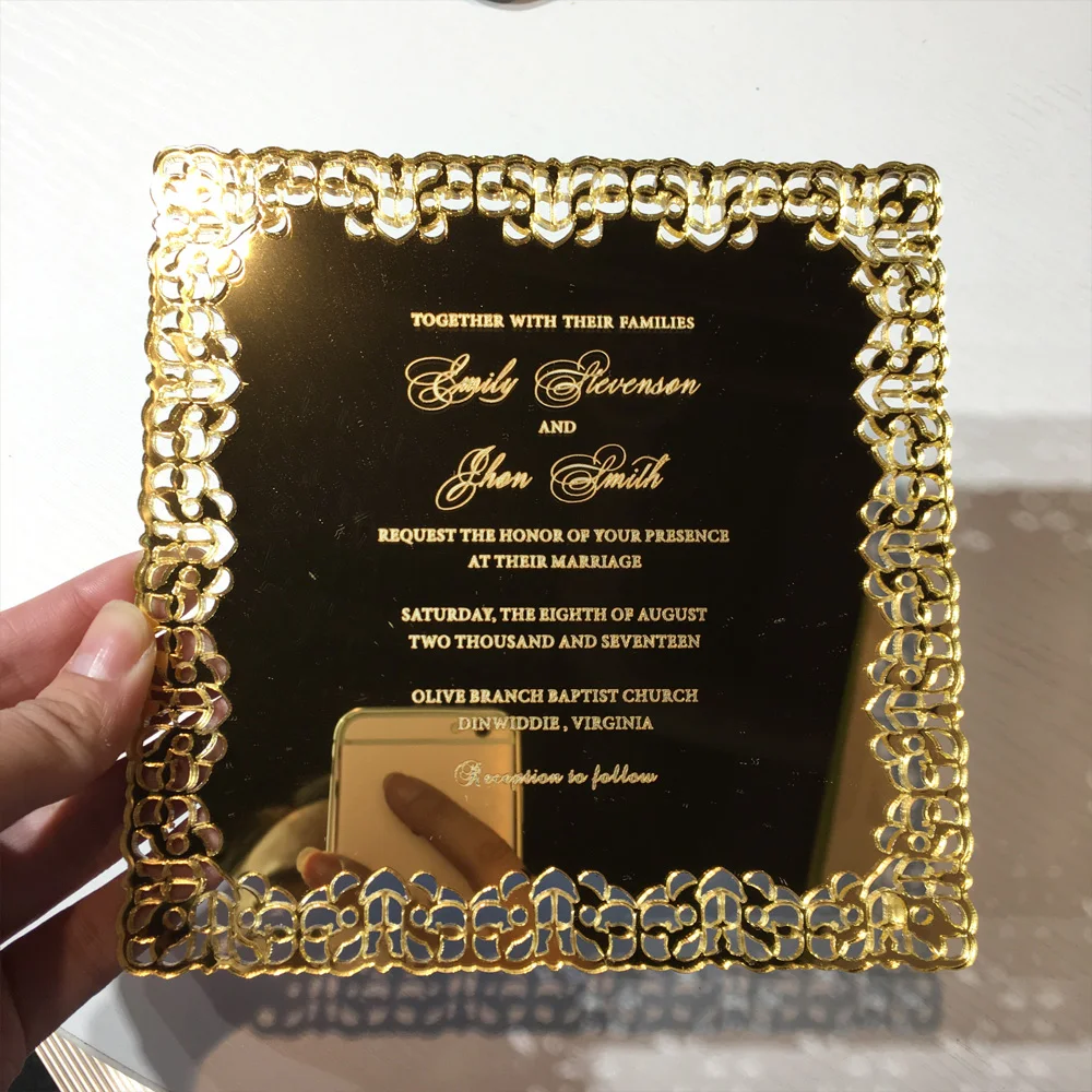  Romantic Luxury 150x150mm Square Shape Hollow Out Pattern Golden Mirror Acrylic Wedding Invitations - 32826509602