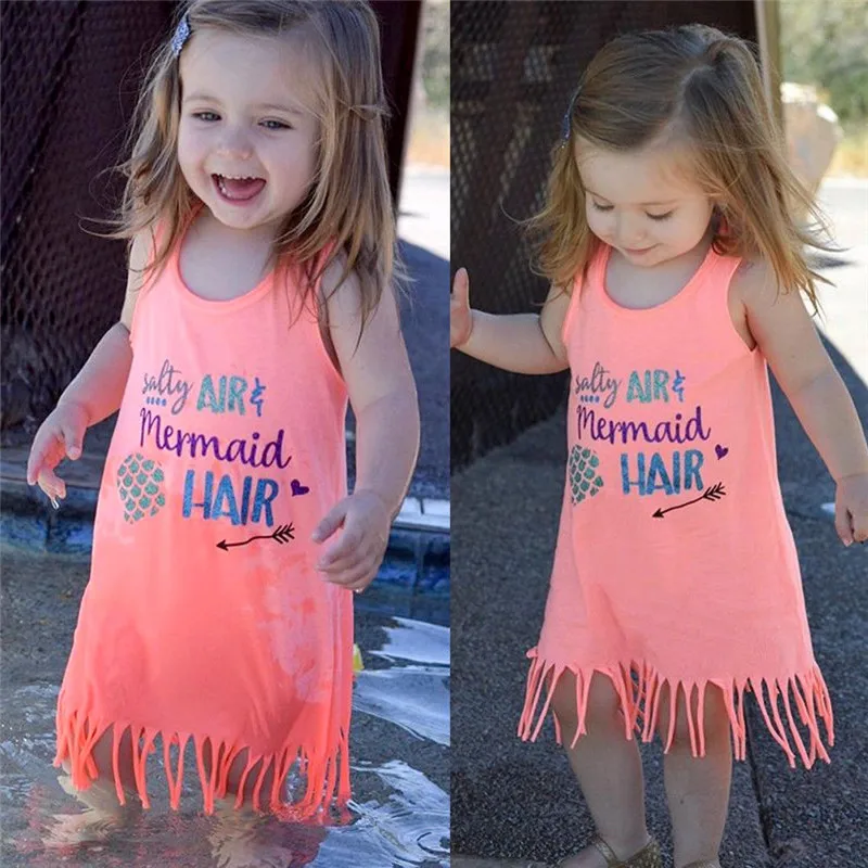 Toddlers Girl Dress Kids Clothing Cute Casual Tassels Crew Neck Cotton