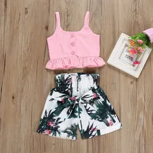 Летняя милая детская одежда для маленьких девочек с героями мультфильмов из 2 предметов футболка Топы, повседневные шорты с цветочным рисунком, комплект со штанами, одежда для девочек