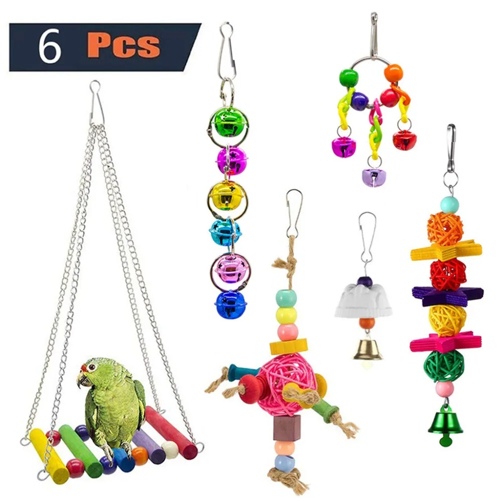 

Funny Hot Sale Bell Swing Bird Cage Pendant Colorful Bridge Pet 6PC Combination Suit Fun Pet Bird Toy #4M14