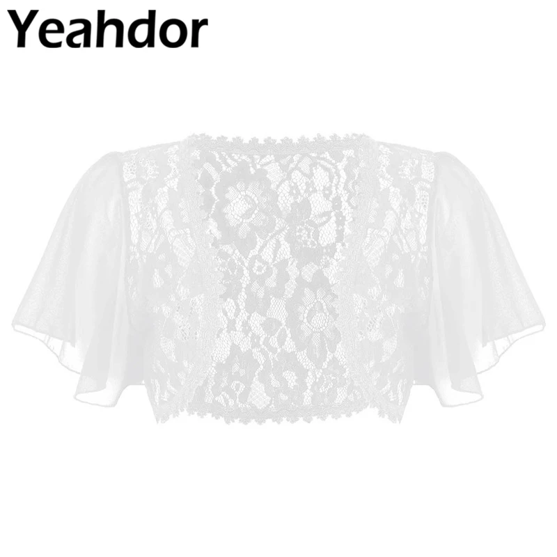 

Womens Fashion Short Bell Sleeve Floral Lace Sheer Open Front Chiffon Shrug Cardigan Top Open Stitch Cover Up for Wedding Dress
