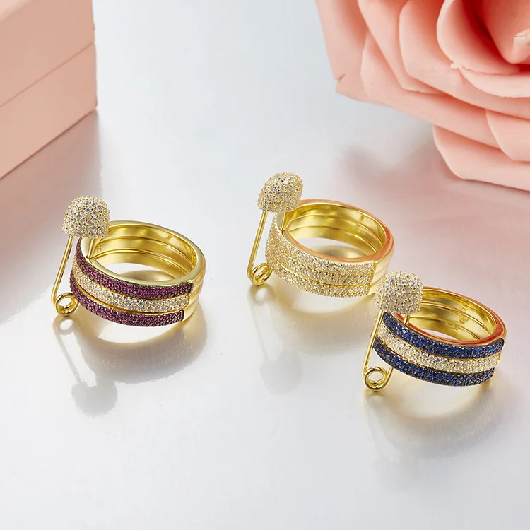 

925 Sterling Silver Pin Rings Monaco Brand Full Micro Pave Cubic Zirconia Stones Three in one rings Women Famous Jewelry