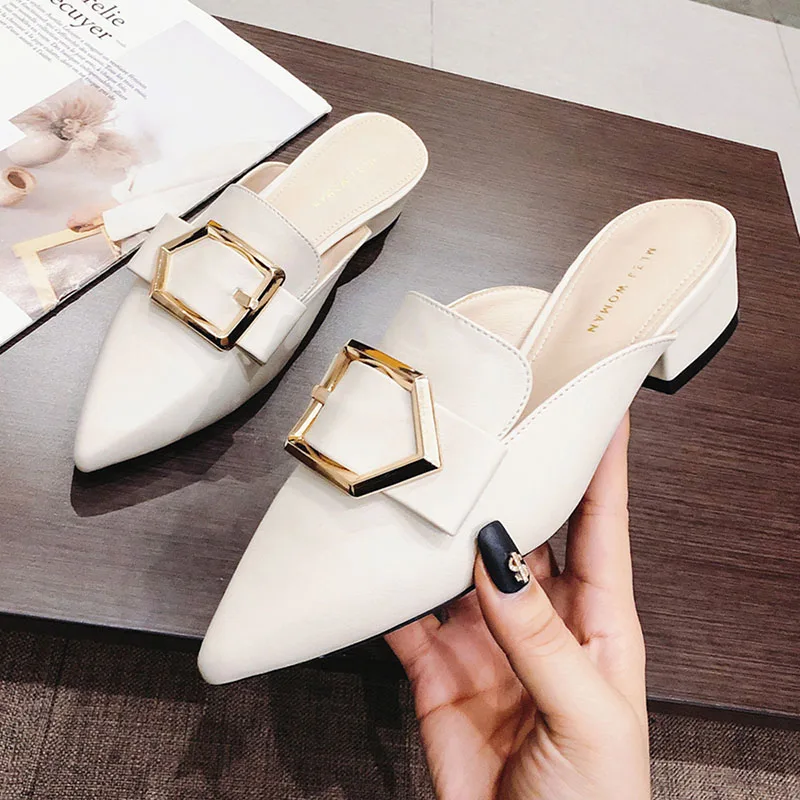 

Bailehou Brand Women Slippers Flat Slip On Slides Pearl Buckle Mules Wedges Sandals Casual Women Shoes Square Toe Low Heel Shoes