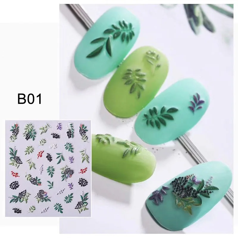 1 лист цветов самоклеющиеся лаванды 5D наклейки для ногтей s наклейки акриловые тисненые бабочки 3D наклейки для ногтей маникюра украшения - Цвет: B01